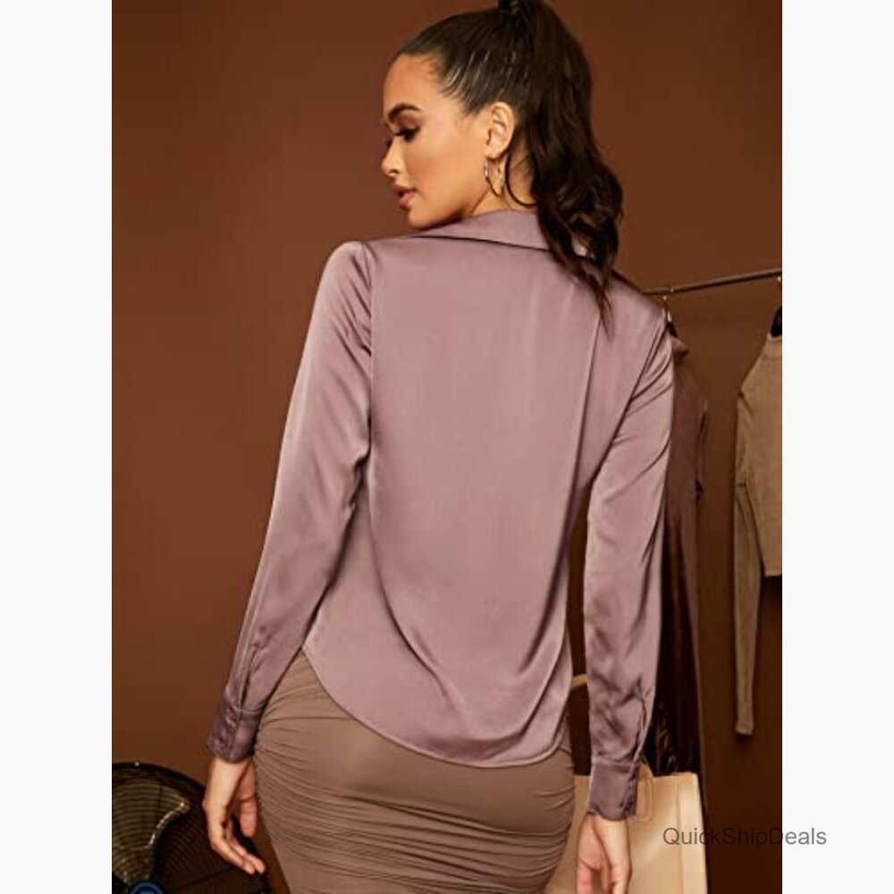 Satin Long Sleeve Button Up Blouse Work Office Silky Shirt - Picture 2 of 5